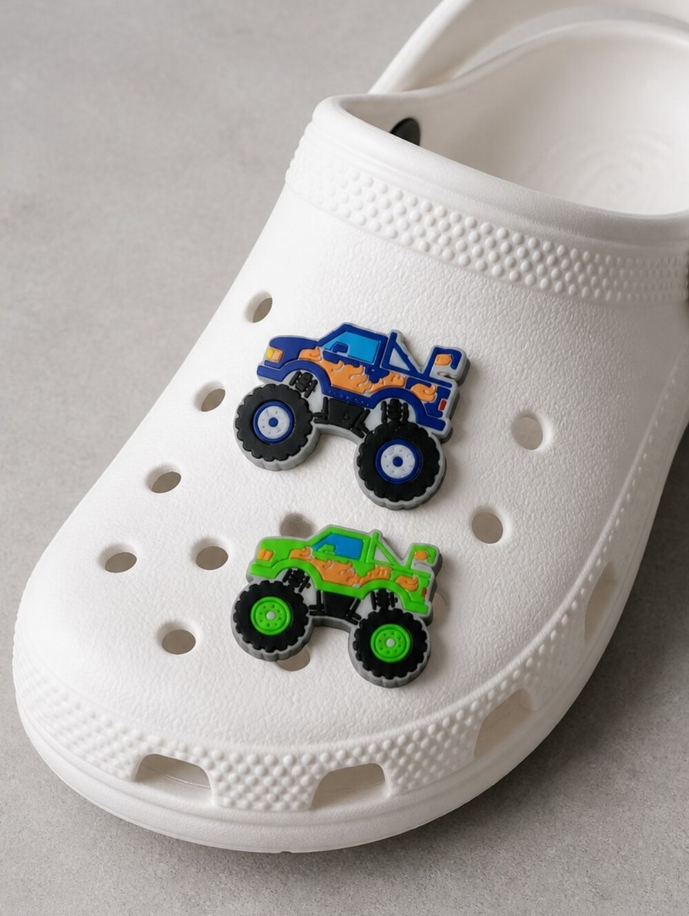 Monster Truck Croc Charms 2pc Big Tire Truck Flames Kids Jibbitz Style Boys Set